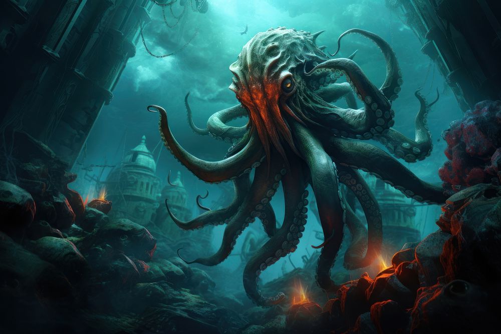 Underwater scene octopus animal invertebrate. AI generated Image by rawpixel.