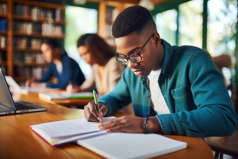 African american young student university homework computer. 