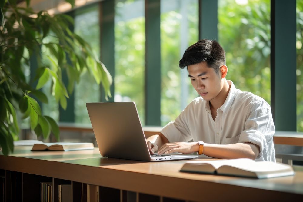 Asian young student computer homework reading. 