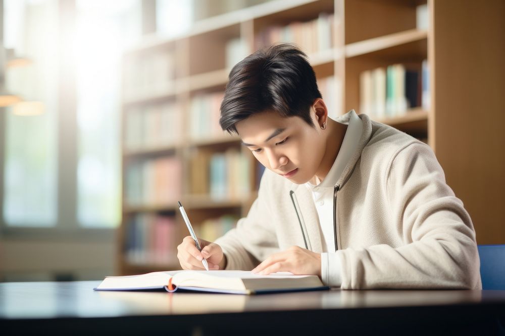 Asian young student reading university homework. AI generated Image by rawpixel.