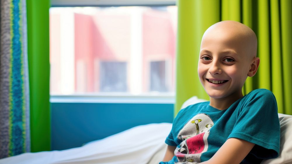 photo of a smiling young boy, cancer patient, in a hospital room. AI generated Image by rawpixel.