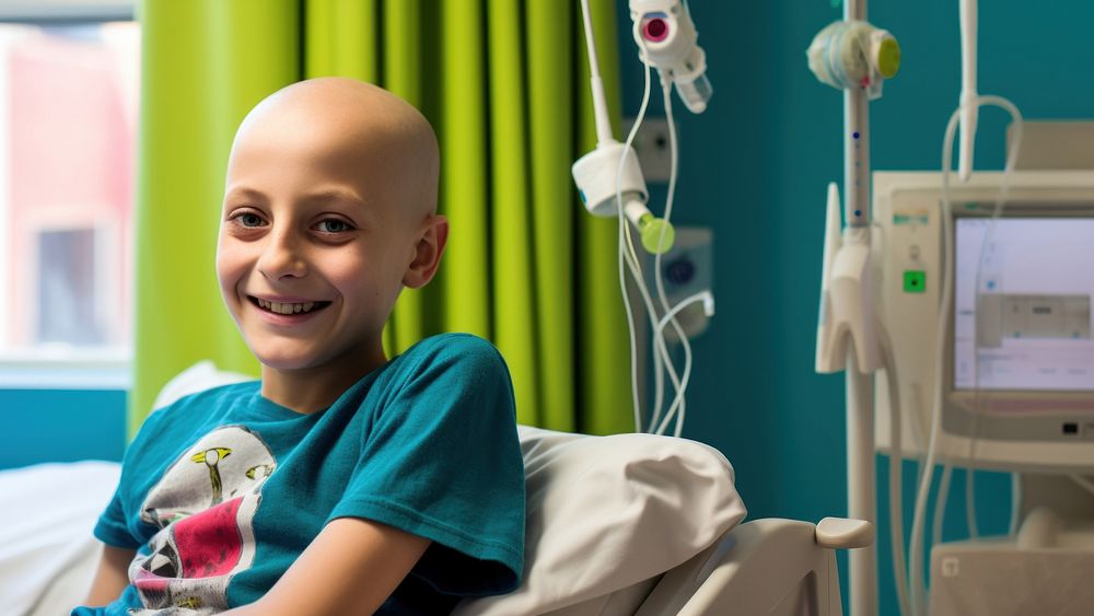 photo of a smiling young boy, cancer patient, in a hospital room. AI generated Image by rawpixel.