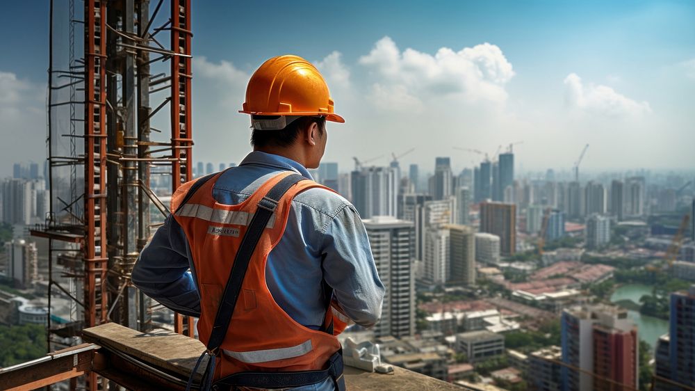 Photo of an asian construction worker working on the top of the building under construction. AI generated Image by rawpixel.