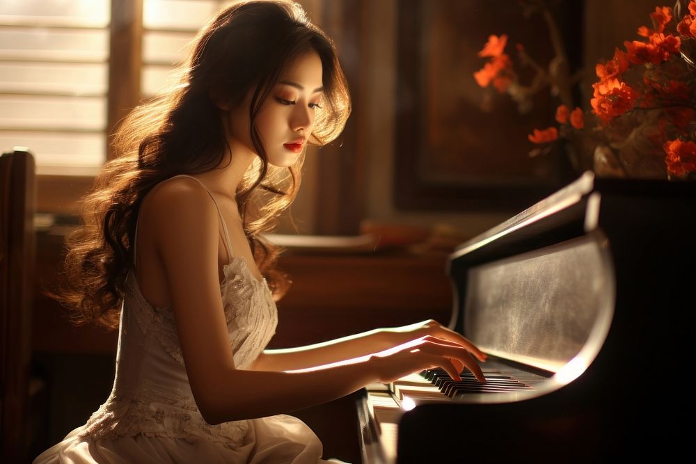 Asian girl playing piano keyboard musician pianist. 