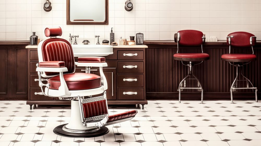 Vintage barber shop with red leather chairs, classic barber chairs, and retro decor. Barber shop ambiance with vintage style…