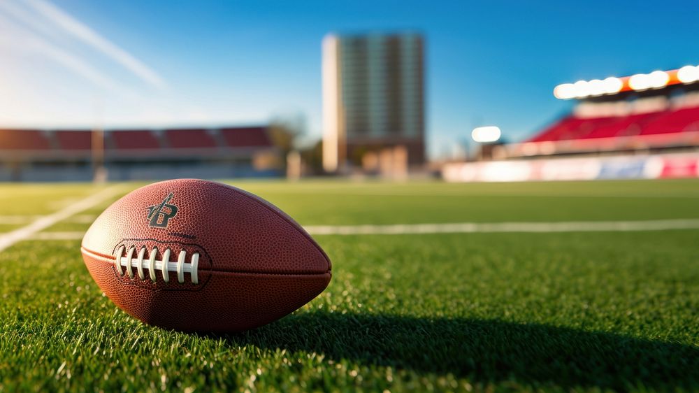 photo of Close-up of American Football on Grass Field with Blurry Stadium in Background. 