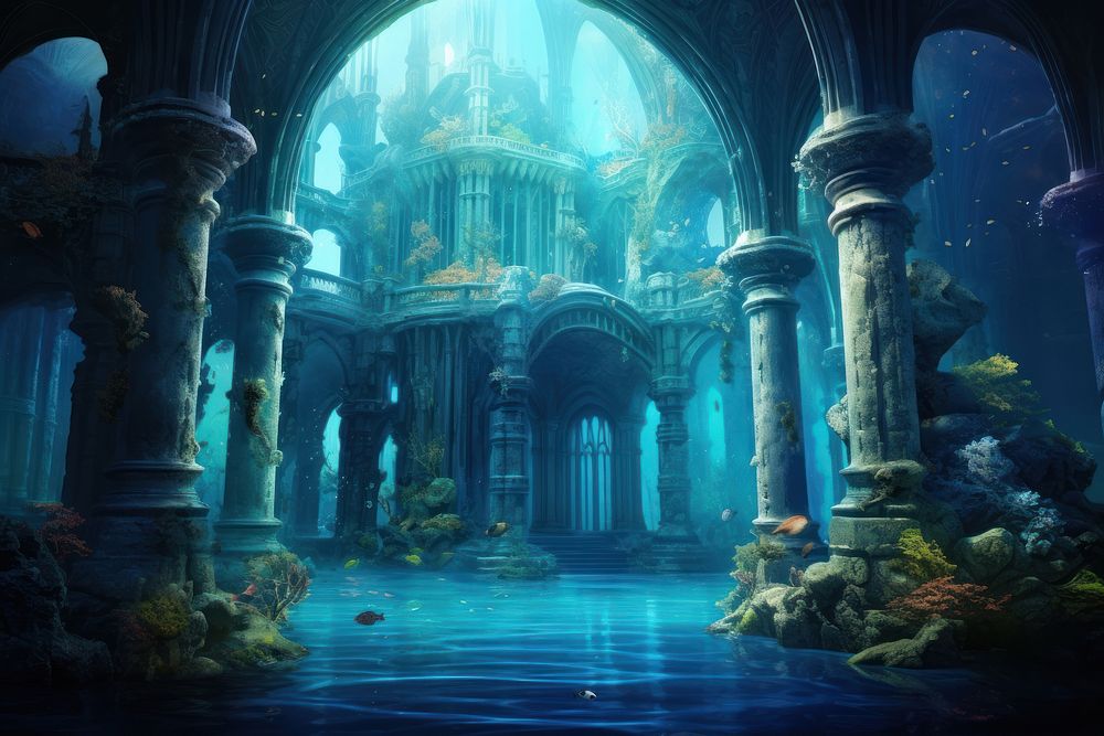 Fantasy scene architecture underwater building. 