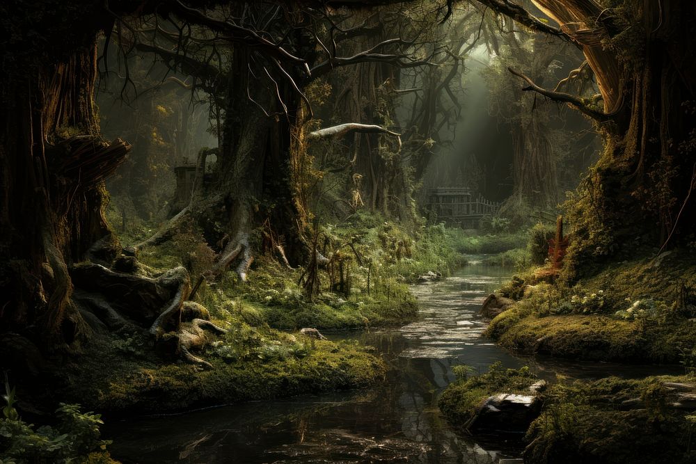 Fantasy scene landscape woodland outdoors. AI generated Image by rawpixel.