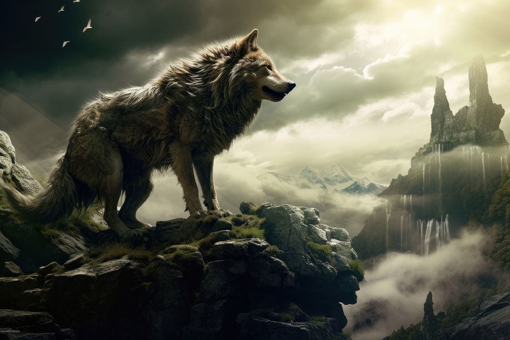 Fantasy scene wolf outdoors mammal. AI generated Image by rawpixel.