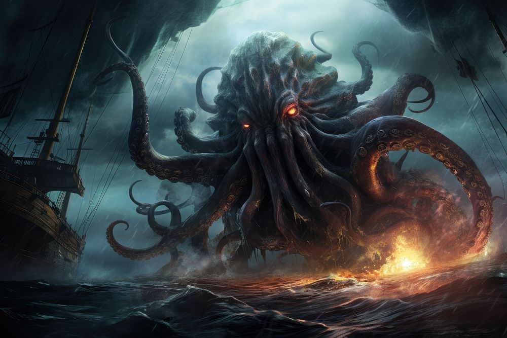 Kraken dragon underwater aggression. AI generated Image by rawpixel.
