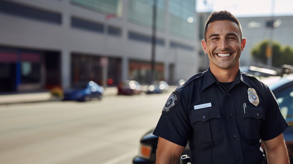 photo of police man smiling beside of a blurry police car background.  