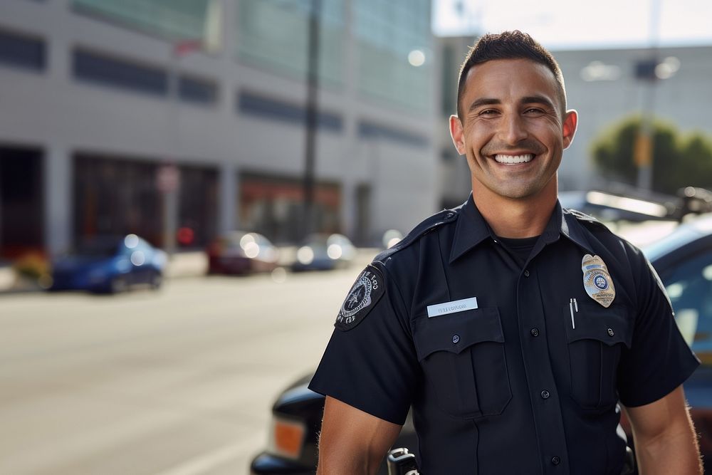 photo of police man smiling beside of a blurry police car background.  