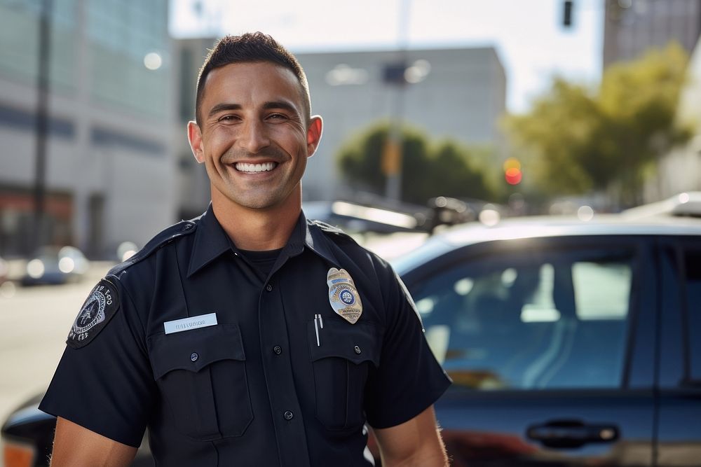 photo of police man smiling beside of a blurry police car background. AI generated Image by rawpixel. 