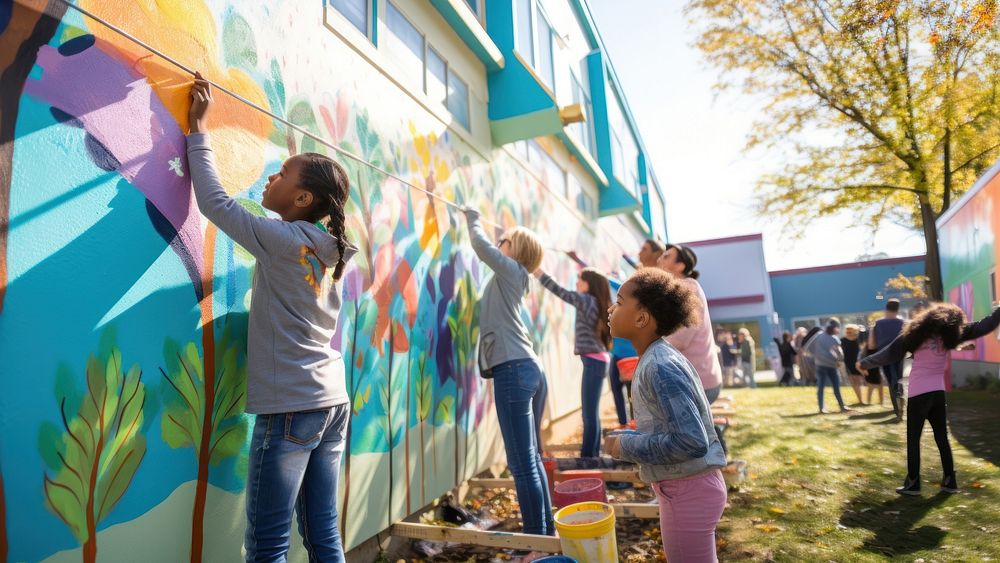 Community mural painting event outdoors.