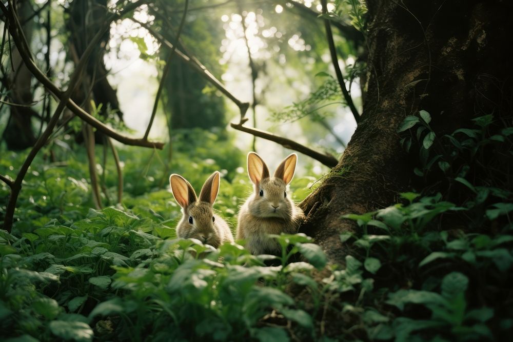 Jungle rabbit topical tree outdoors woodland animal. AI generated Image by rawpixel.