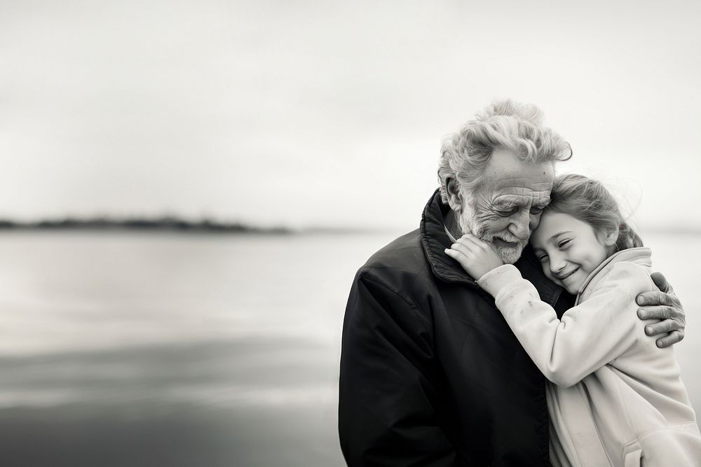 Real photo of granddaughter hugging grandpa in family time. AI generated Image by rawpixel. 