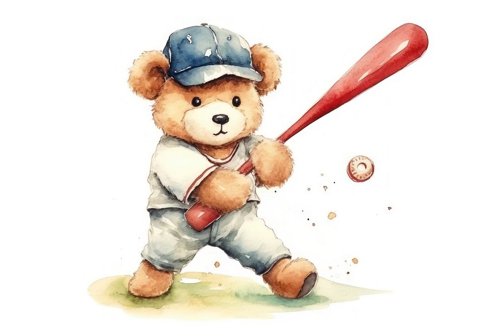 Teddy bear playing baseball sports toy white background. 