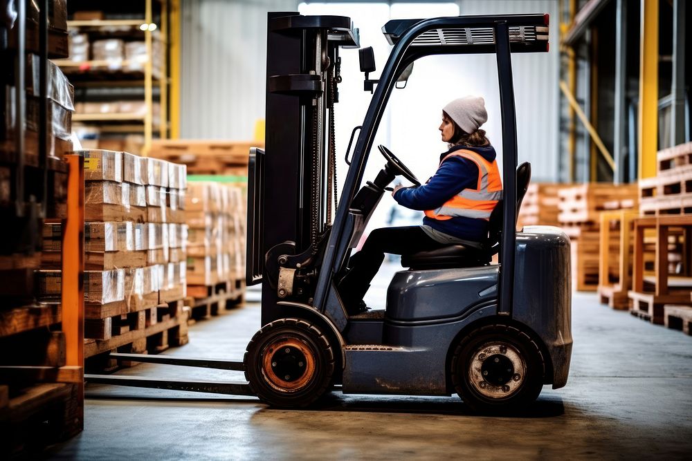 Woman driving a forklift in a warehouse. AI generated image by rawpixel.