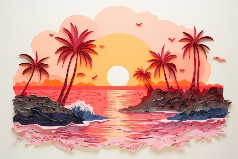 Sunset tropical island art painting nature. AI generated Image by rawpixel.