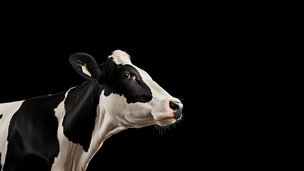 Photo of a cow standing isolated on black background.  