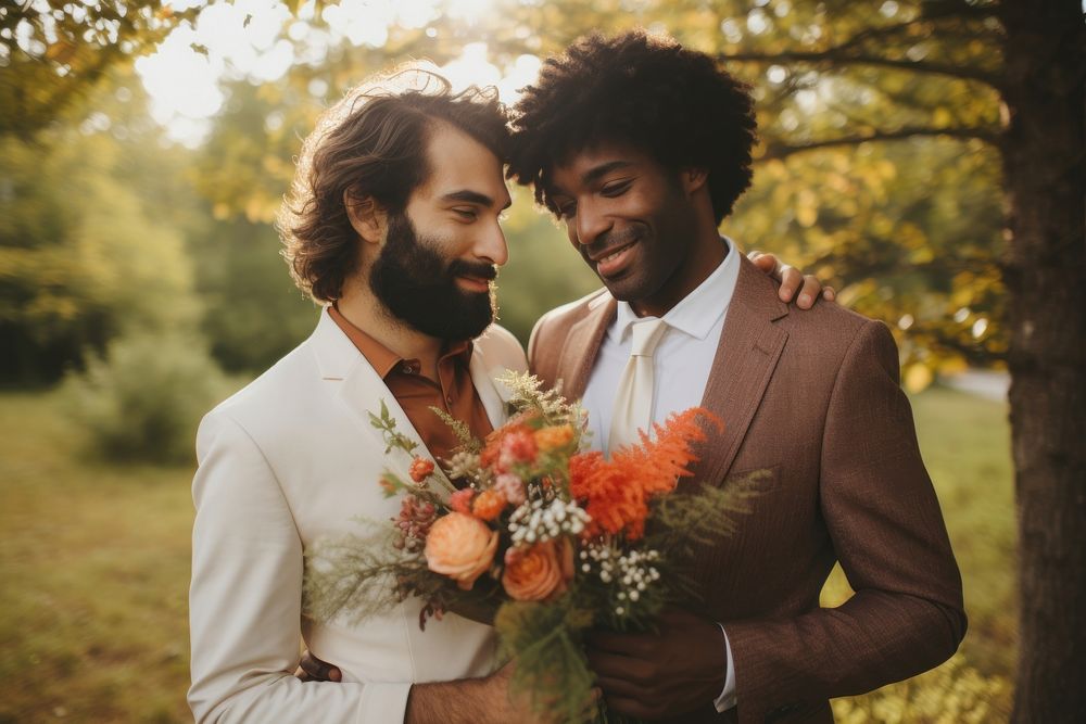 Gay couple wedding portrait flower. 