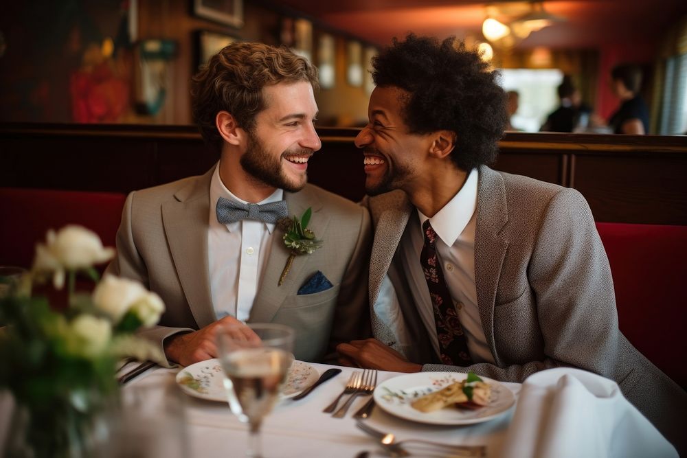Gay couple laughing wedding table. AI generated Image by rawpixel.