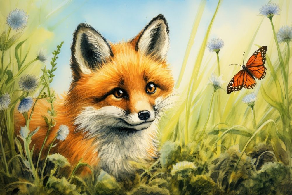 Fox and butterfly cute nature illustration. AI generated image by rawpixel.