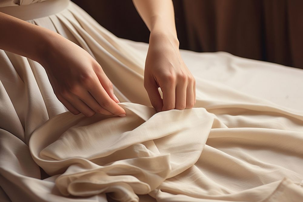 Hands Sewing beigh cloth blanket midsection relaxation. AI generated Image by rawpixel.