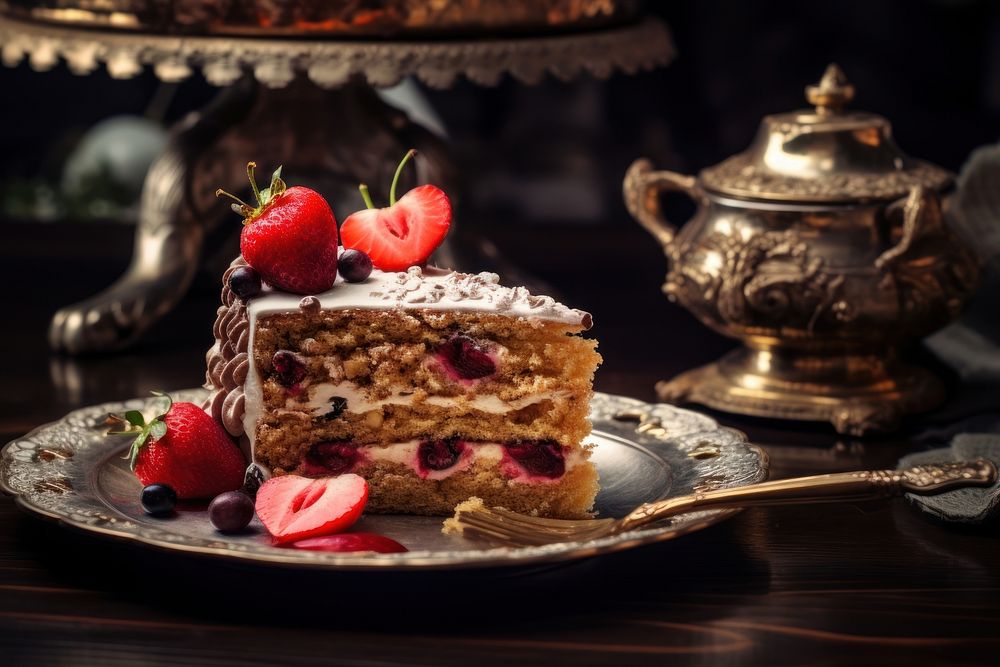 Vintage strawberry cake, food photo. AI generated image by rawpixel.