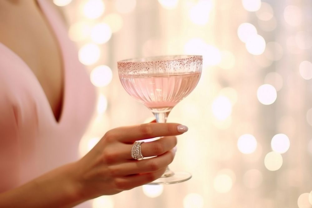 Woman holding pink cocktail, pink bokeh. 