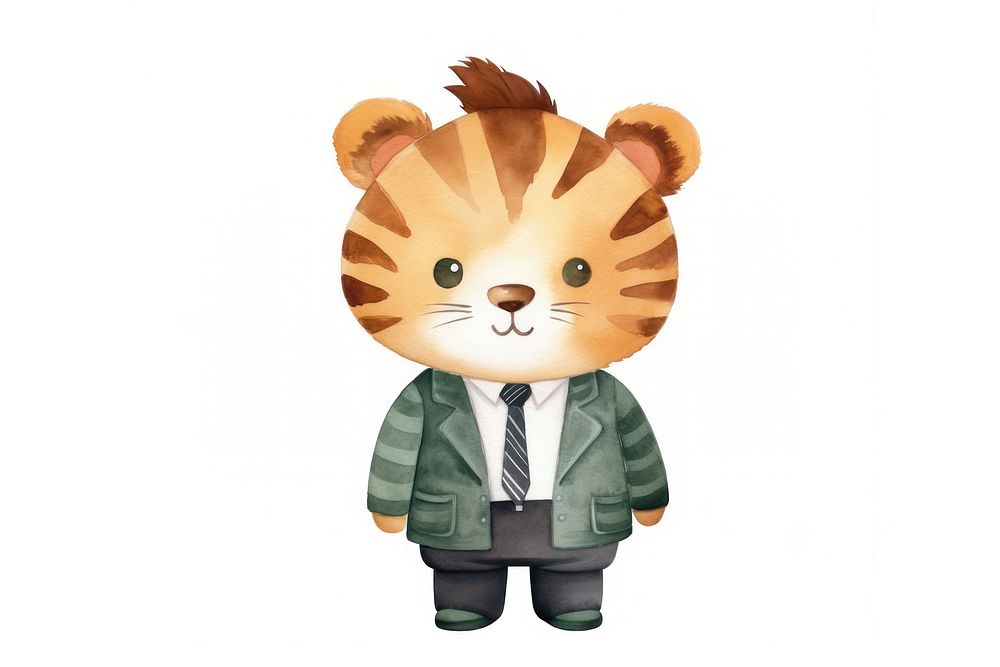 A cute tiger wearing suit cartoon toy white background. 