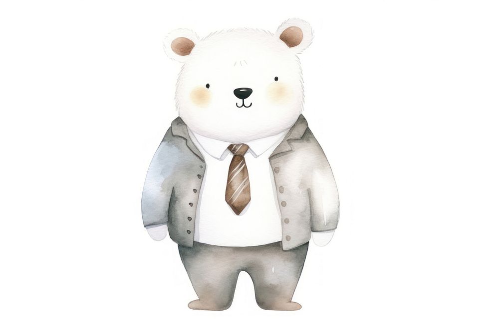 Cute white bear wearing suit cartoon toy white background. 