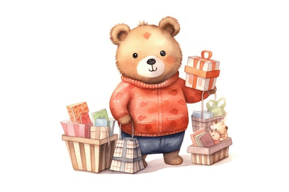 Cute bear shoping cartoon toy white background. AI generated Image by rawpixel.