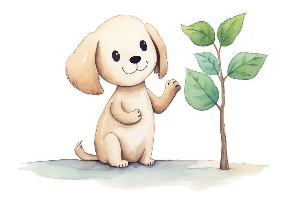 Cute dog holding plant cartoon drawing mammal. AI generated Image by rawpixel.