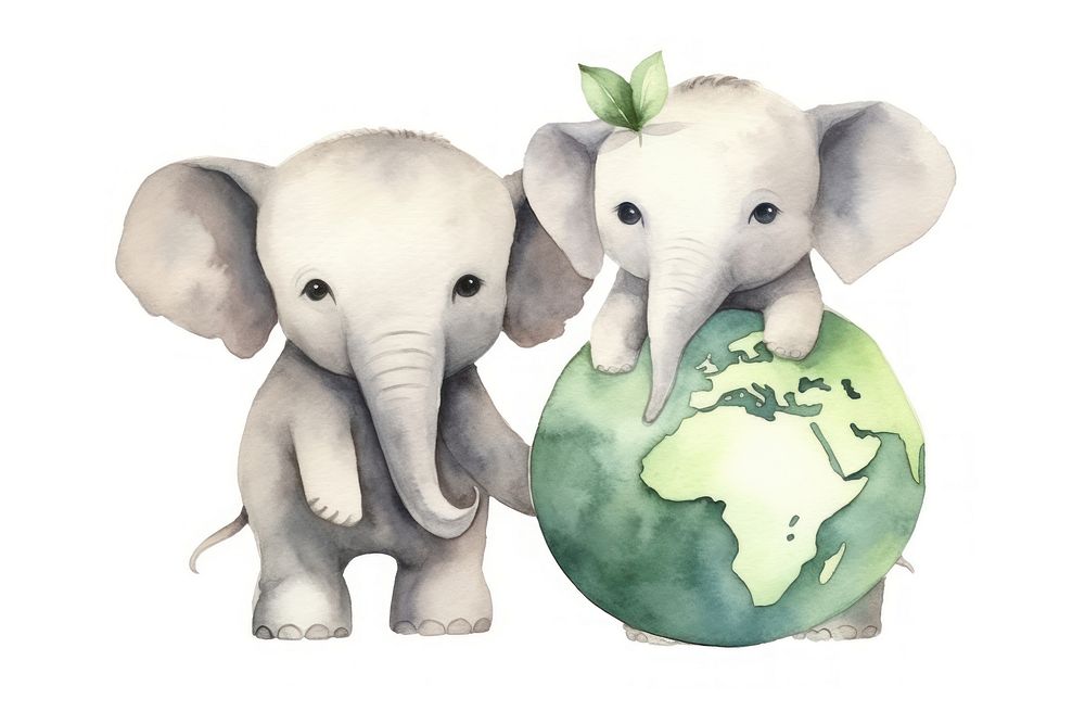 Cute elephants holding green earth animal cartoon mammal. 