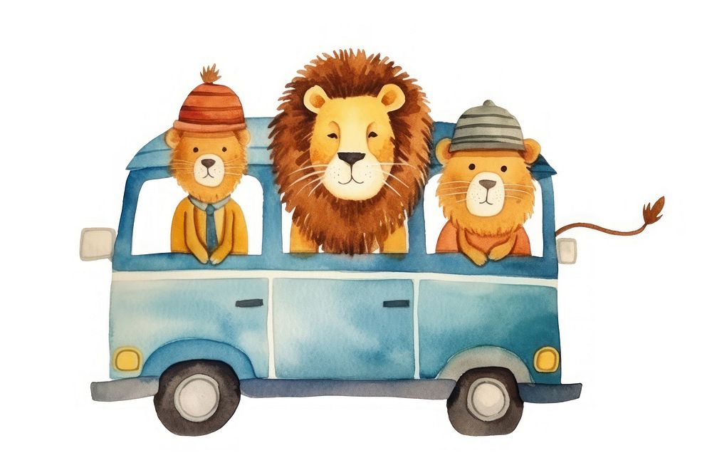 Cute lion family traveling animal vehicle cartoon. AI generated Image by rawpixel.