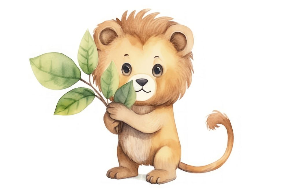 Cute lion holding plant animal cartoon mammal. AI generated Image by rawpixel.