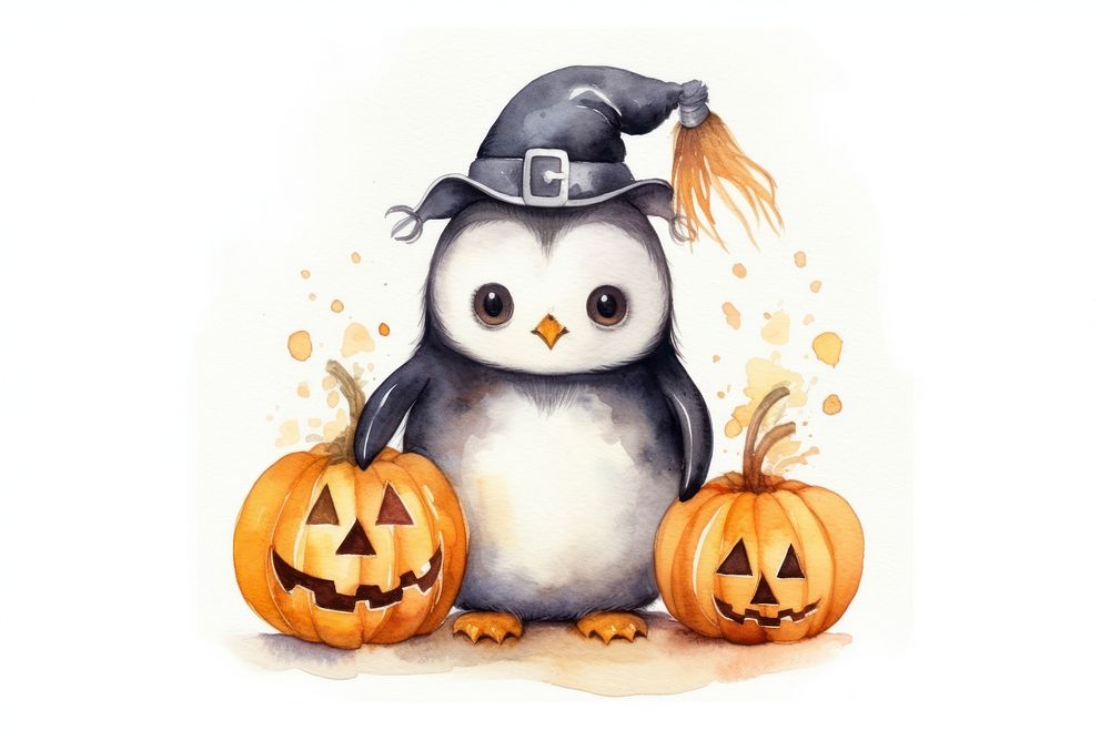 Penguin holding pumpkin halloween cute anthropomorphic. AI generated Image by rawpixel.