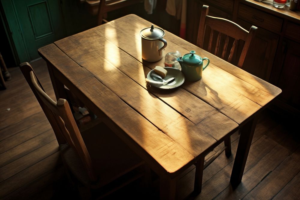 Empty kitchen table furniture hardwood chair. AI generated Image by rawpixel.