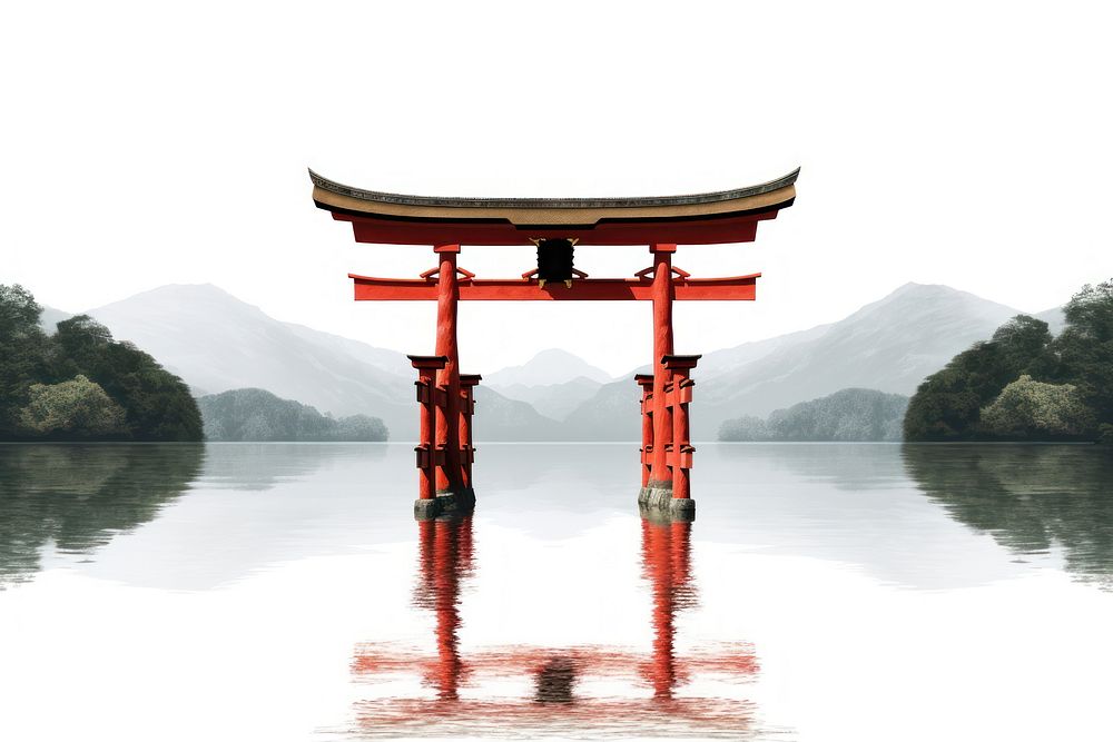 Torii lake gate spirituality. AI generated Image by rawpixel.