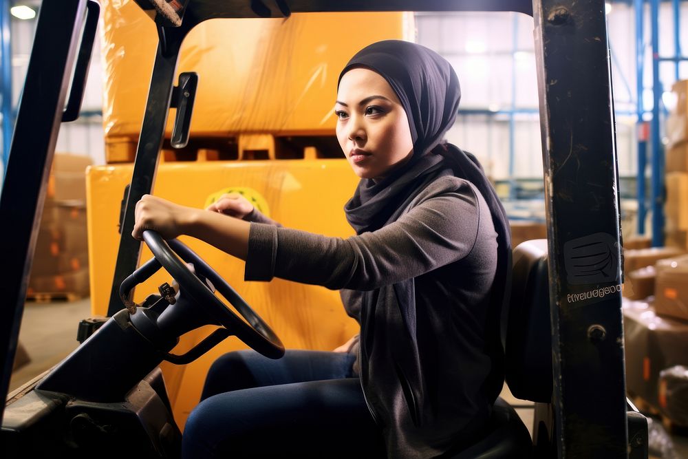 Woman driving forklift, industry photo. AI generated image by rawpixel.