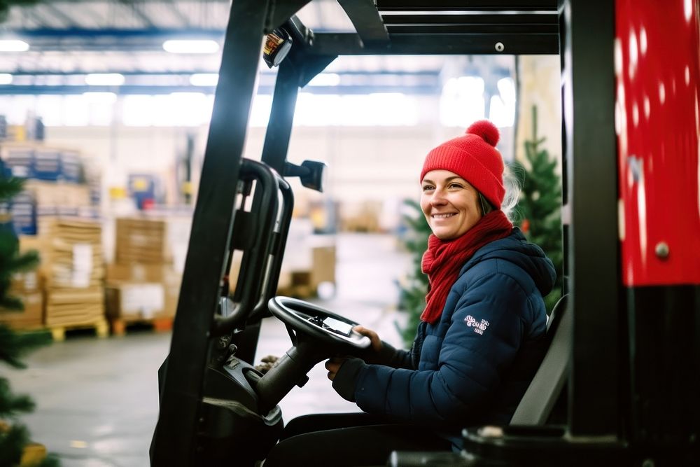 Woman driving forklift, industry photo. .