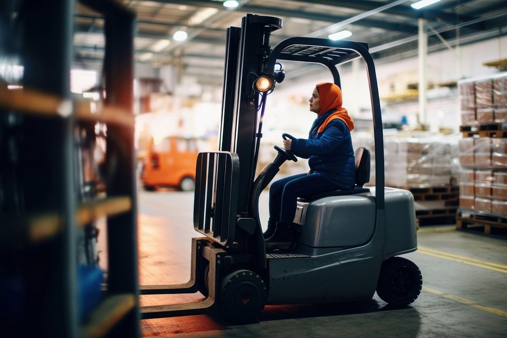 Woman driving forklift, industry photo. AI generated image by rawpixel.