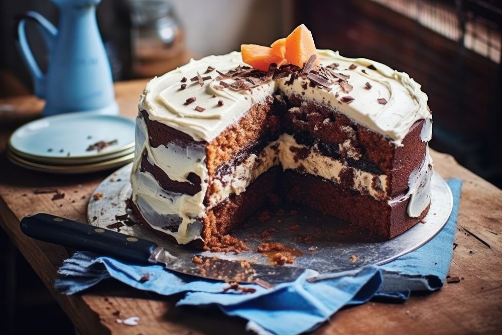 Chocolate cake on a baking table. .