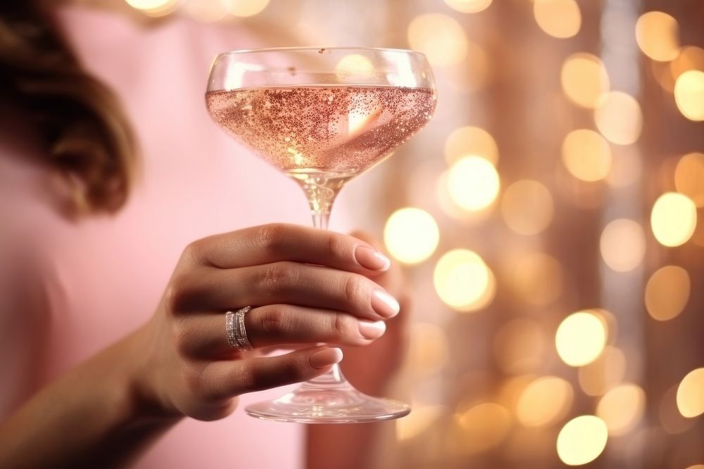 Woman holding a pink champagne glass photo. .