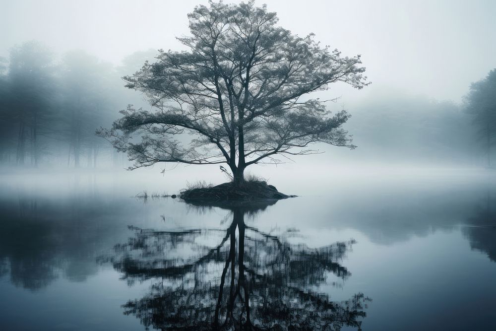 Tranquil scene reflection tree fog landscape. AI generated Image by rawpixel.