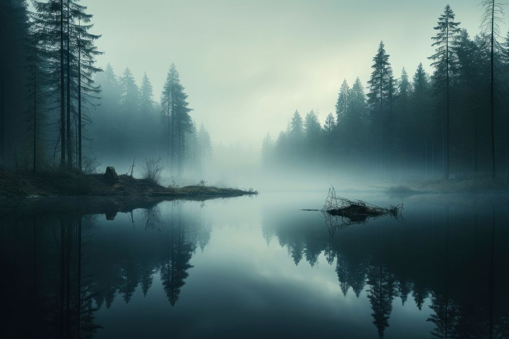 Tranquil scene reflection forest fog landscape. 