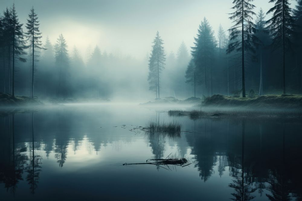 Tranquil scene reflection fog landscape outdoors. AI generated Image by rawpixel.