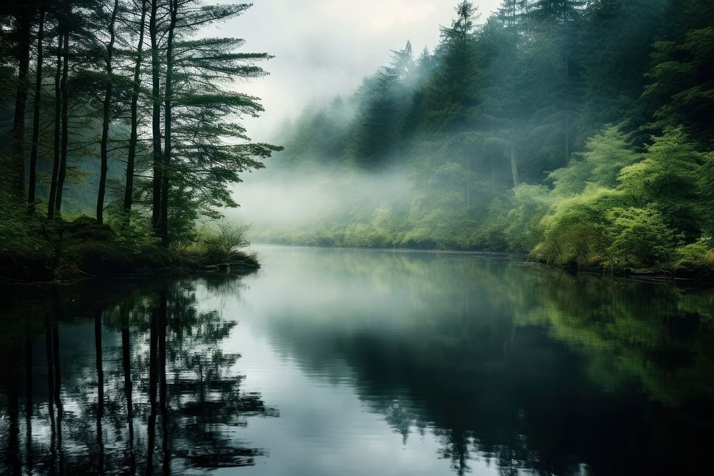 Tranquil scene reflection forest fog landscape. 