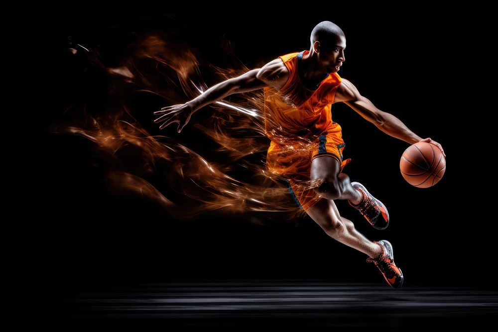 Dynamic image of a basketball player in motion, wearing an orange jersey. The athlete is captured mid-action, emphasizing…